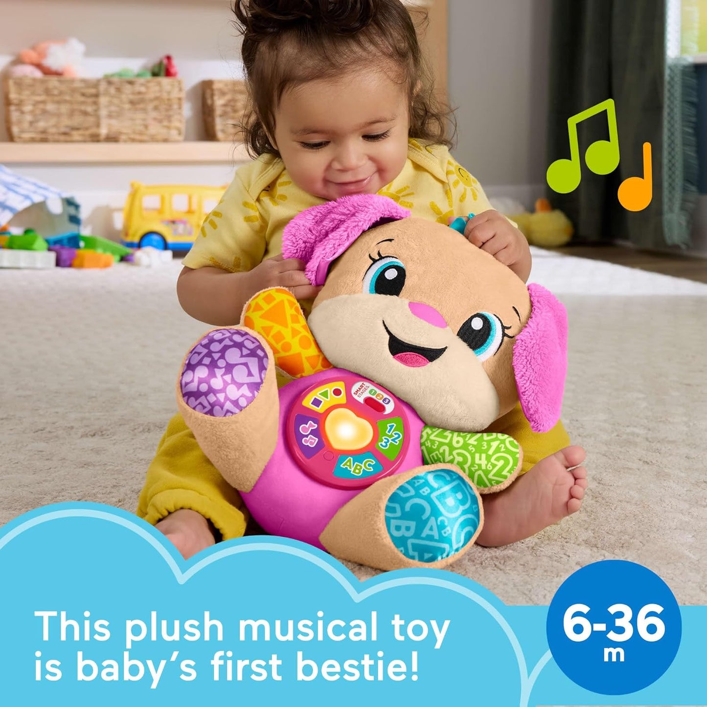 Brinquedo Educativo Fisher-Price Baby Laugh & Learn Smart Stages Sis, Pelúcia Musical Rosa com Smart Stages para Bebês a partir de 6 Meses, Versão Multilíngue: Holandês, Inglês, Francês, Alemão, Italiano, JFD31