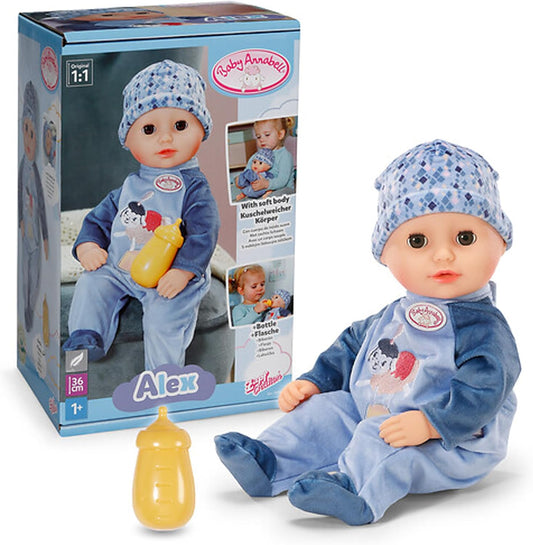 Baby Annabell Boneca Alex de 36 cm, macia, com olhos que fecham - Inclui mamadeira, chapéu e macacão - Primeira boneca, ideal para crianças a partir de 1 ano de idade.