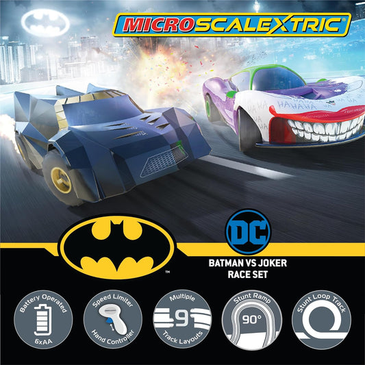 Scalextric Micro Scalextric - Batman vs Joker Set - Juegos de carreras a batería, pistas de carreras de autos tragamonedas para niños de 4 años en adelante, incluye 2 autos, 1 pista, 1 base de batería, 2 controladores y gráfico de pista