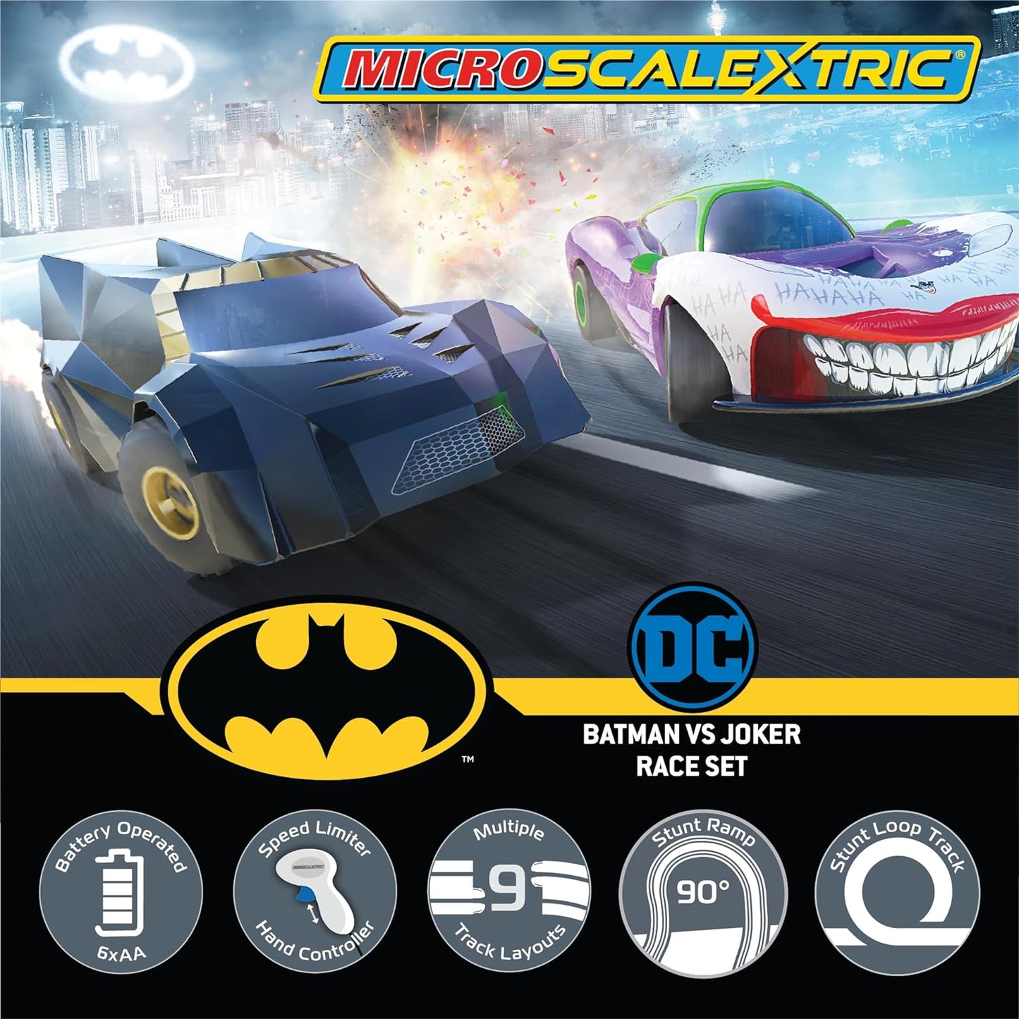 Scalextric Micro Scalextric - Conjunto Batman vs Joker - Conjuntos de corrida movidos a bateria, pistas de corrida de Slot Car para crianças de 4 anos ou mais, inclui 2 carros, 1 pista, 1 base de bateria, 2 controladores e gráfico de pista