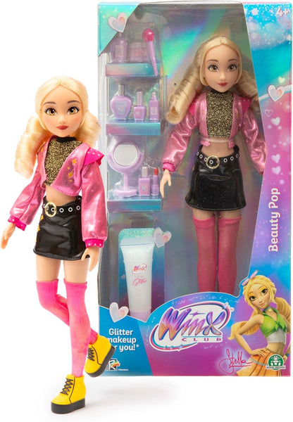 Winx Club Boneca Beauty Pop – Stella com Roupa Glamorosa para Concerto e Gel com Glitter – Boneca Fada Totalmente Articulada com Acessórios de Beleza – Brinquedo Oficial para Meninas – A partir de 4 Anos
