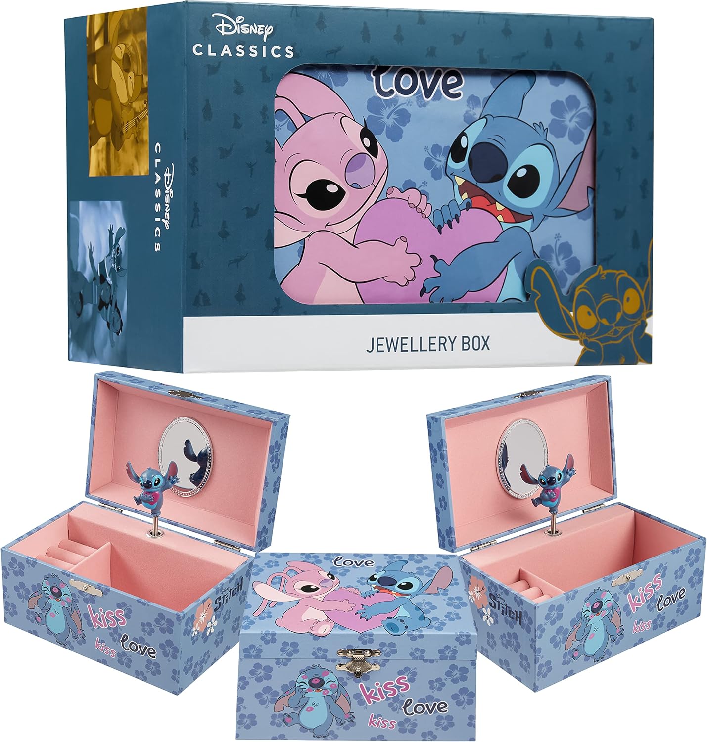 Disney - Musical Stitch & Angel Jewellery Box para meninas | Oficialmente licenciado | Melodia mágica de corda, boneco giratório | 18,5 cm C x 12 cm L x 10 cm P, azul, tamanho único, plástico