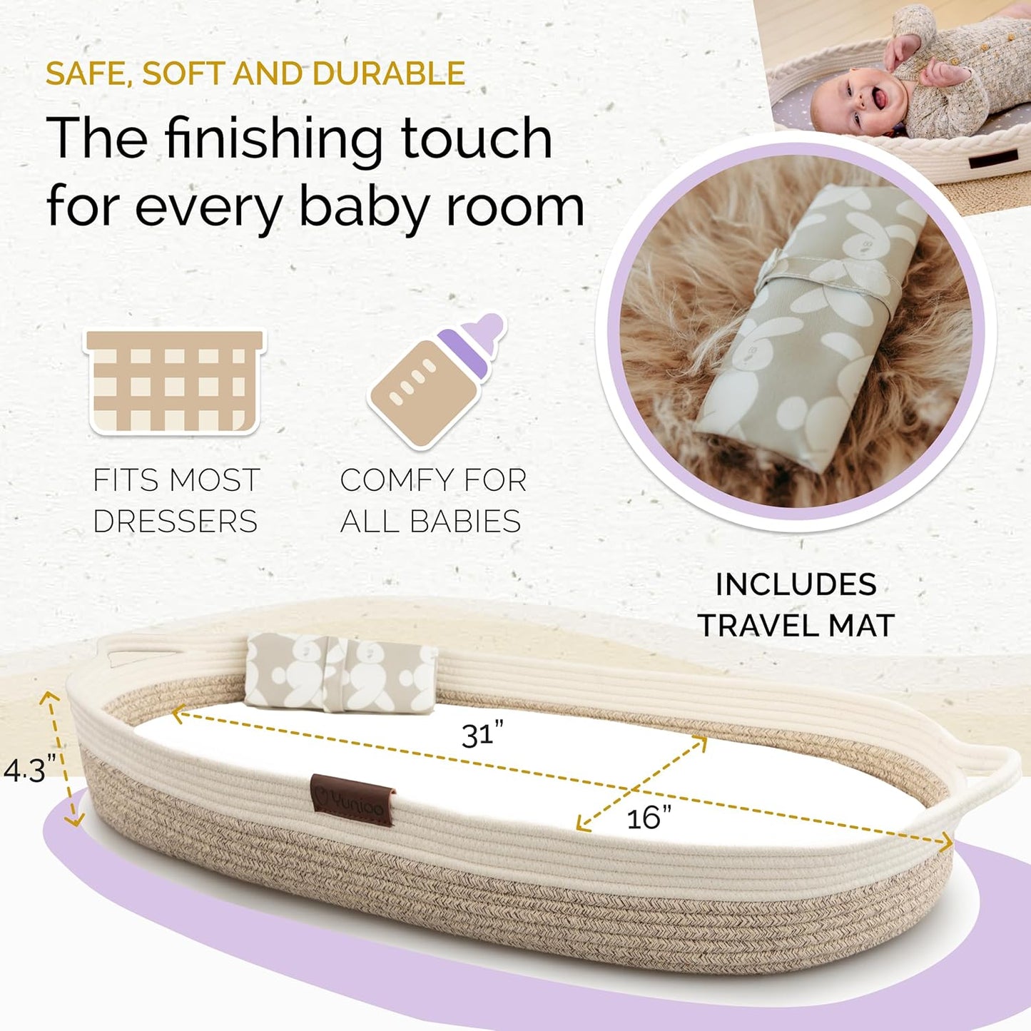 Yunioo Cesta de troca de bebê de luxo com trocador extra de viagem, trocador portátil premium com capa ultramacia, cesta de bebê de corda de algodão, trocador para cômoda