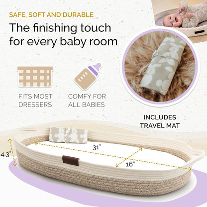 Yunioo Cesta de troca de bebê de luxo com trocador extra de viagem, trocador portátil premium com capa ultramacia, cesta de bebê de corda de algodão, trocador para cômoda