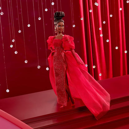 Barbie Boneca Signature, Edição Colecionável do 80º Aniversário da Mattel, em Vestido de Tule Vermelho Brilhante com Brincos Pendentes e Luvas Transparentes, Morena, JBJ18
