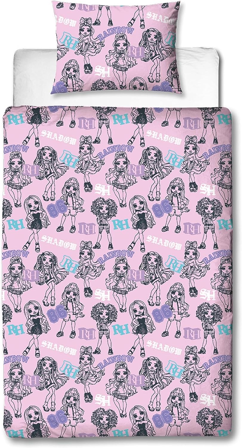 Conjunto de capa de edredom de solteiro oficial da Character World Rainbow High | Design das bonecas Shadow High | Roupa de cama reversível com fronha combinando | Conjunto para cama de solteiro