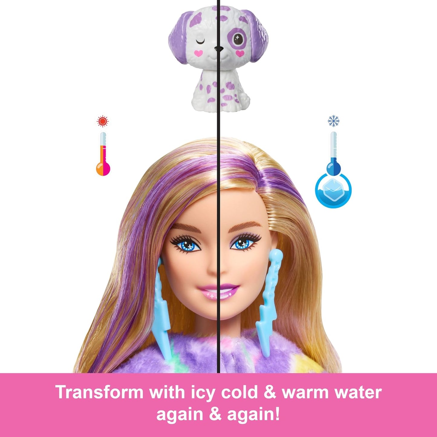 Muñeca Barbie Cutie Reveal y accesorios con disfraz de felpa de dálmata arcoíris y 10 sorpresas que incluyen cambio de color, serie Color Dream, HRK41