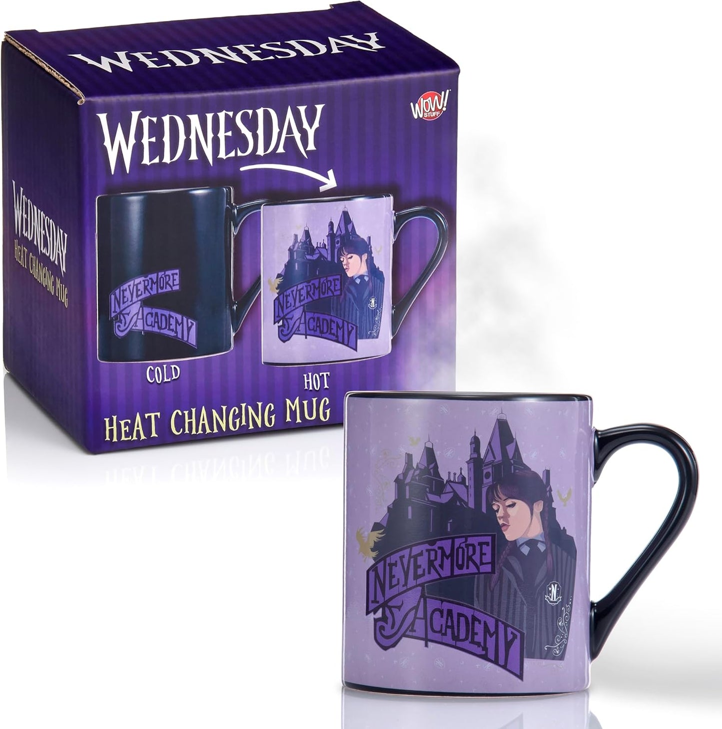 UAU! Caneca que muda de cor com o calor de Wednesday | Café ou chá quente revela a Academia Nevermore frequentada por Wednesday Addams | Caneca oficial para fãs da série Wednesday na Netflix