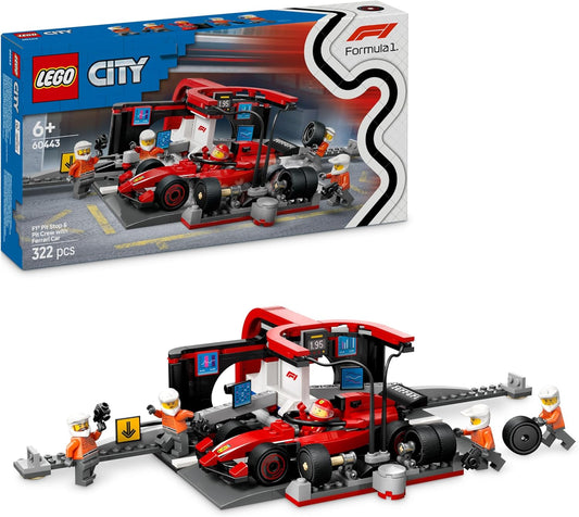 LEGO City F1 Pit Stop e Pit Crew com Ferrari Car Toy - Conjunto de Fórmula 1 incl. uma minifigura de motorista, 4 mecânicos, pneus sobressalentes e armas de roda - brinquedos de construção para meninos e meninas com mais de 6 anos