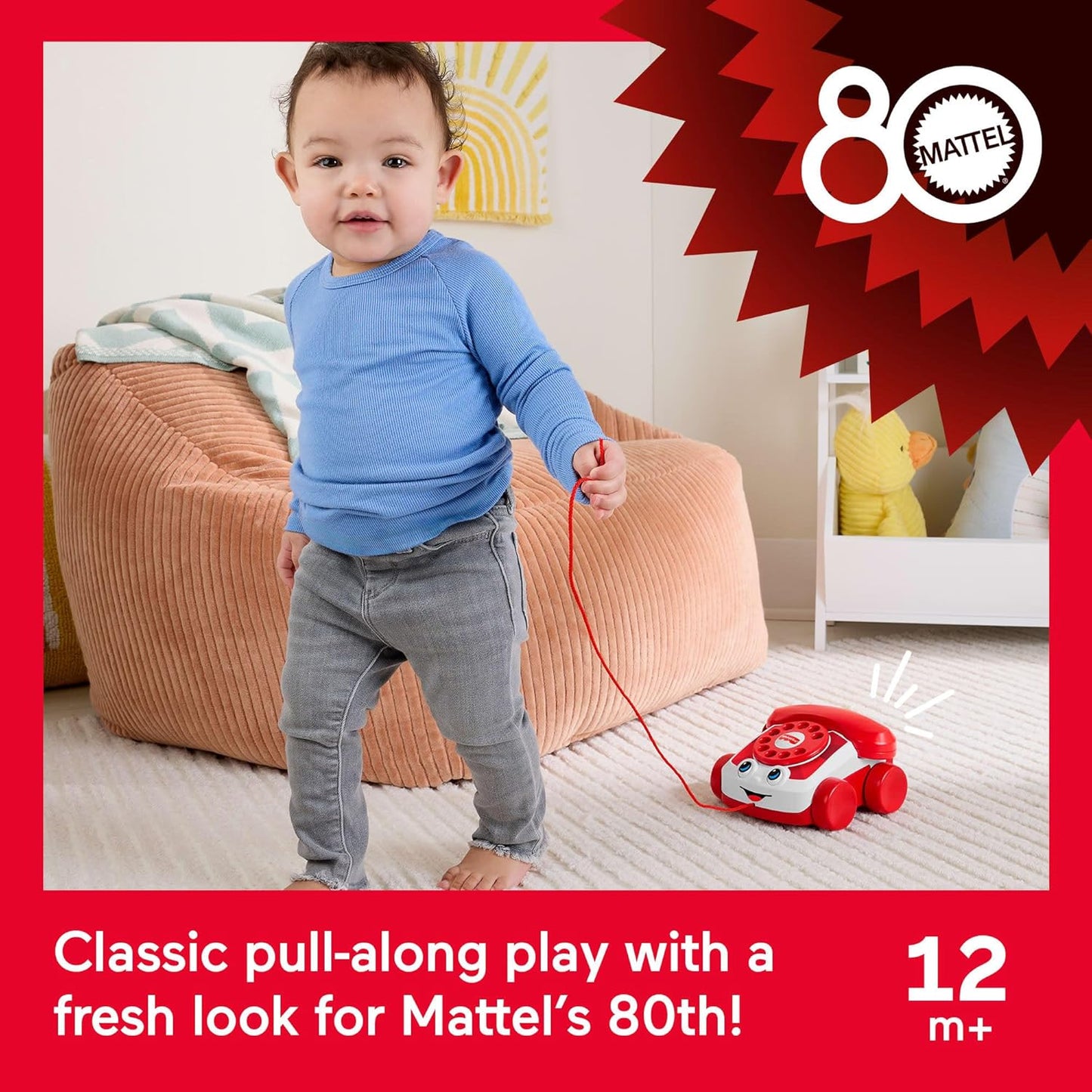 Telefone de brinquedo Fisher-Price Baby vermelho, edição de 80º aniversário da Mattel, com atividade de puxar para bebês e crianças a partir de 1 ano de idade, JGG97