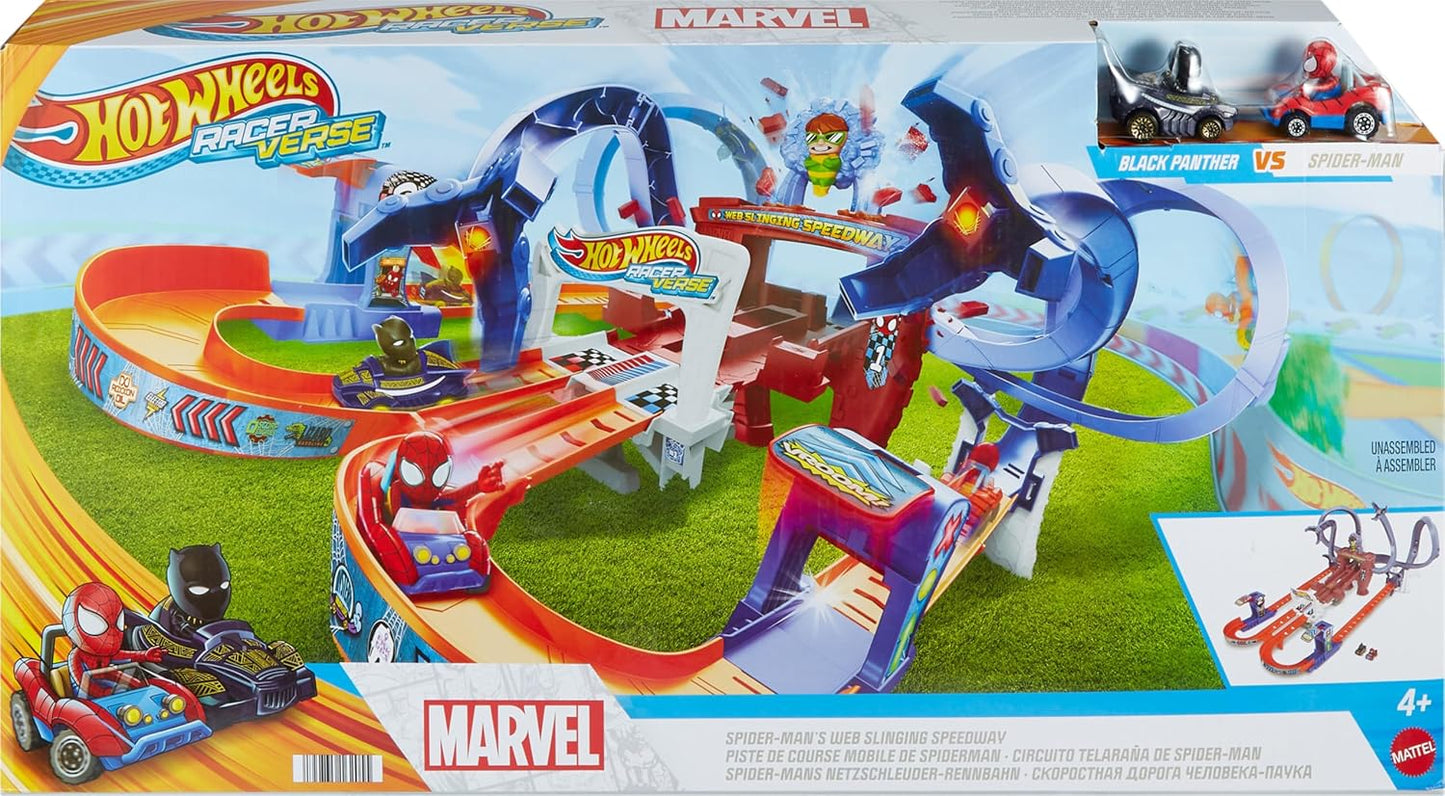 Hot Wheels RacerVerse Spider-Man’s Web-Slinging Speedway Track Set com Hot Wheels Racers Spider-Man e Black Panther, corrida de várias voltas para escapar do Doutor Octopus, HPL34
