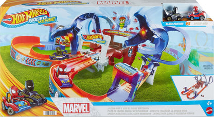 Hot Wheels RacerVerse Spider-Man’s Web-Slinging Speedway Track Set com Hot Wheels Racers Spider-Man e Black Panther, corrida de várias voltas para escapar do Doutor Octopus, HPL34