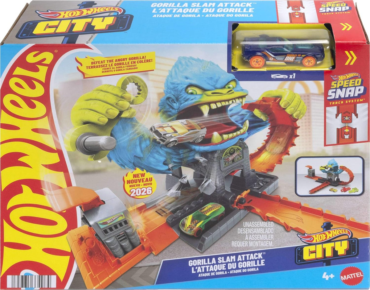 Hot Wheels Conjunto  City Gorilla Slam Attack e carrinho em escala 1:64 | Pista com diversas formas de brincar, inclui lançador de impacto e looping
