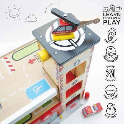 Le Toy Van TV453 Conjunto de carro de garagem de incêndio e resgate de madeira de 3 andares, brinquedos de dramatização de veículo, adequado para mais de 36 meses, universal