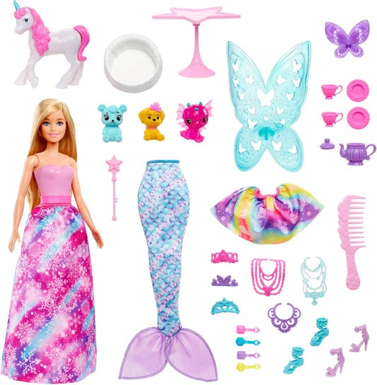 Muñeca Barbie Dreamtopia y calendario de adviento con 24 sorpresas como accesorios de cuento de hadas, trajes de sirena y hadas, y mascotas unicornio y dragón, HVK26