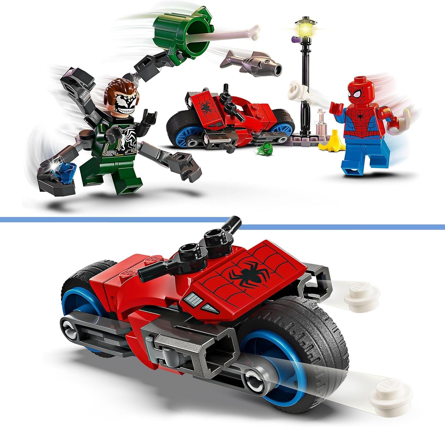 Persecución en motocicleta LEGO Marvel: Spider-Man vs. Doc Ock, juguete de construcción de motocicletas para niños, niños y niñas a partir de 6 años con Stud Blasters, Web Shooters y 2 minifiguras incl. Araña, regalos de superhéroe 76275