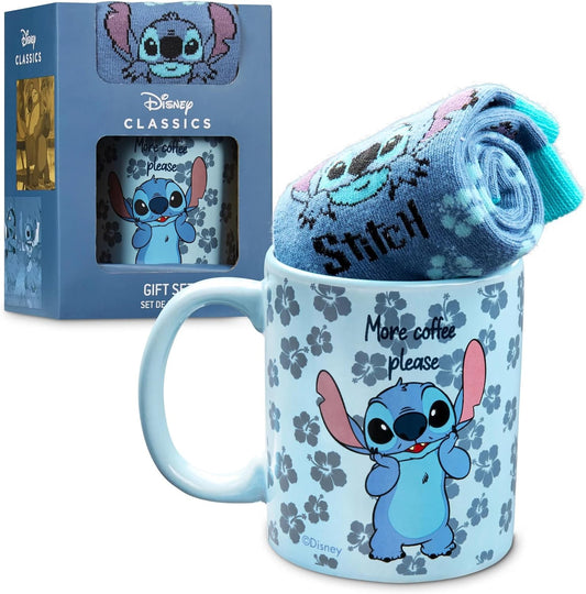 Conjunto de presente de caneca e meias da Disney para mulheres, meias de panturrilha e caneca de cerâmica - presentes femininos (Blue Stitch)
