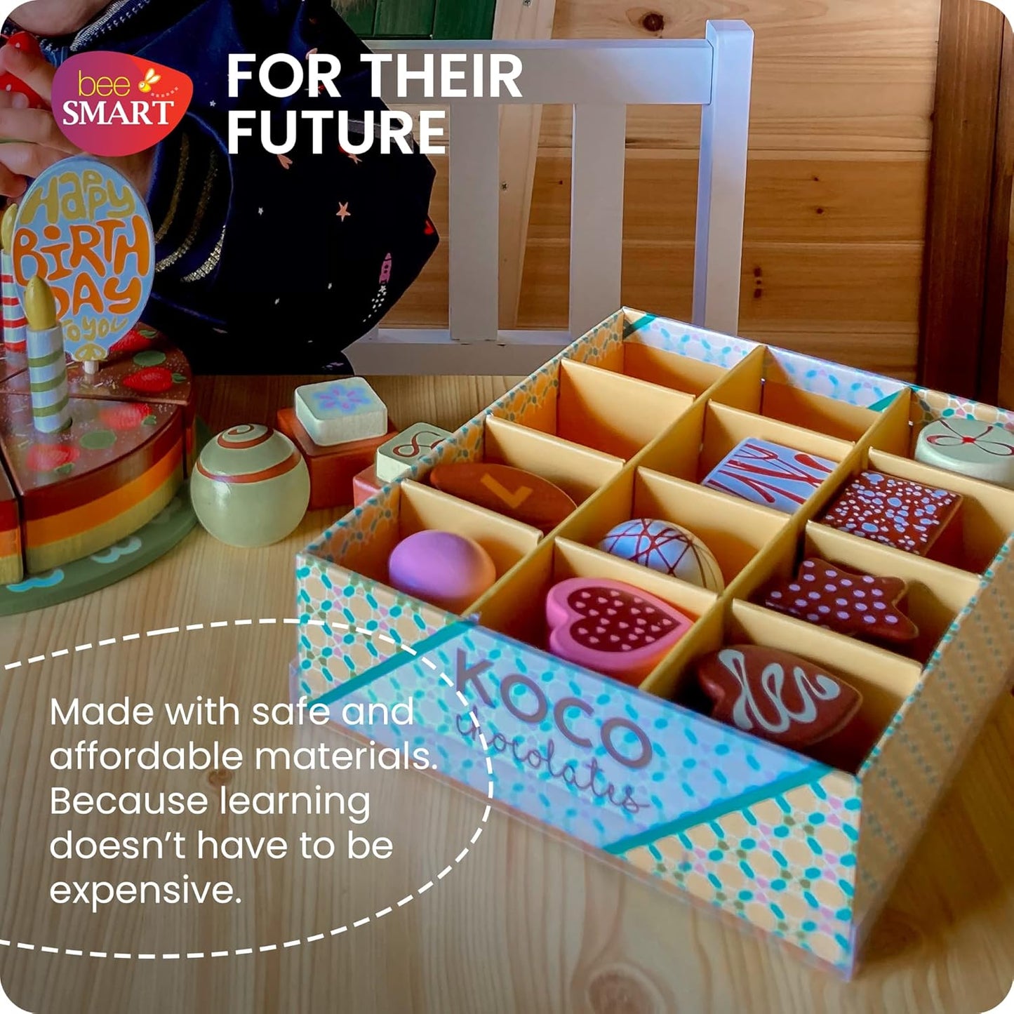 Bee Smart Caixa de madeira para chocolate doce Tea Party | Playset infantil finge brincar de comida com caixa de armazenamento de papelão resistente | Conjunto de cozinha para dramatização infantil e brincadeiras imaginárias