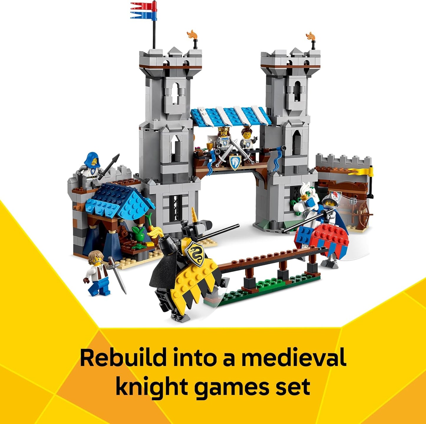 LEGO Creator 3 em 1 Castelo Medieval com Cavaleiros e Cavalos - Transforma-se em uma Cena de Torneio de Justas ou em uma Cidade - Inclui 6 Minifiguras - Presente Criativo para Meninos e Meninas a partir de 9 Anos - 31168