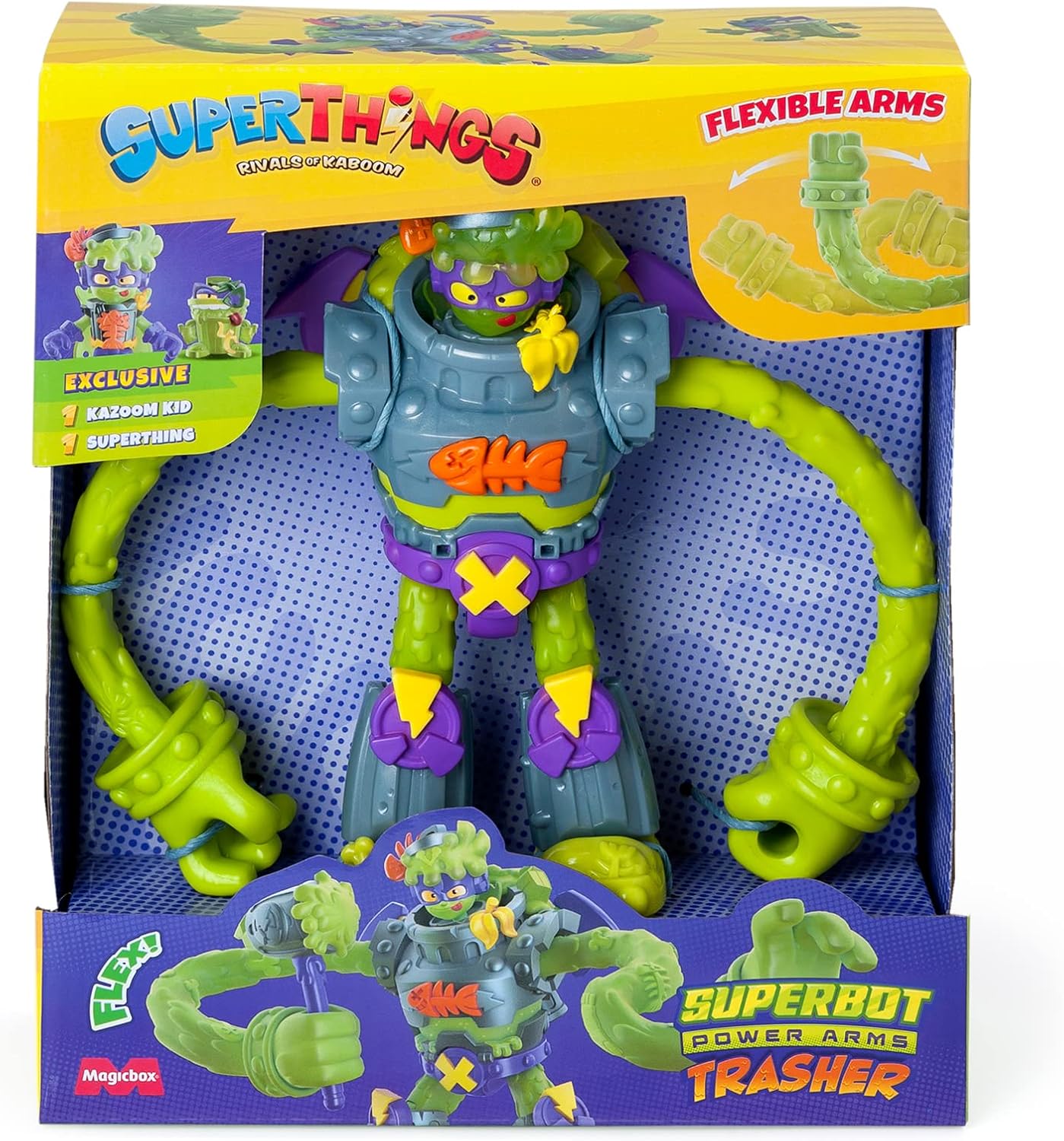 SUPERTHINGS Superbot Power Arms Trasher – Robô vilão articulado com braços flexíveis e acessório de combate. Inclui 1 Kazoom Kid exclusivo e 1 SuperThing exclusivo.