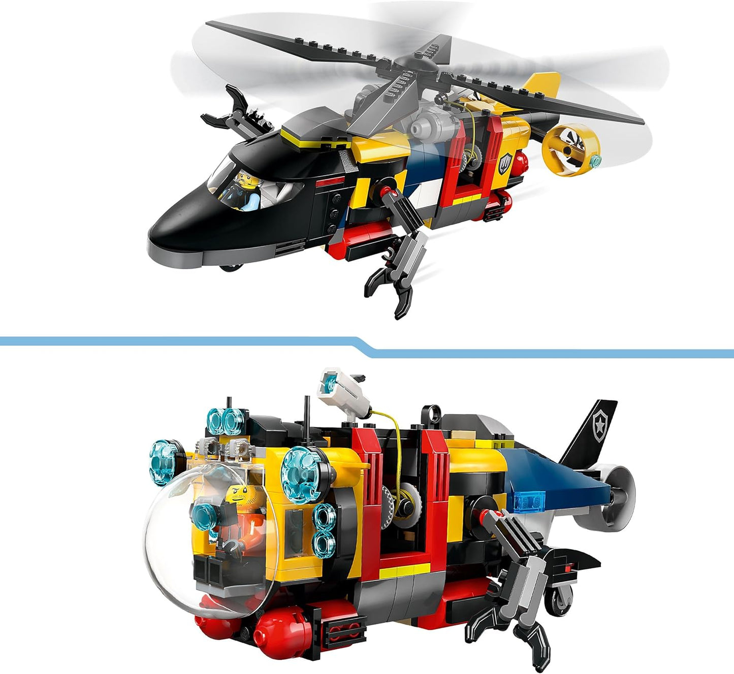 LEGO City 3 em 1 helicóptero, caminhão de bombeiros e brinquedo remix de submarino com 3 minifiguras - veículos de brinquedo montáveis para meninos e meninas com mais de 7 anos - ideias de presentes para aniversários