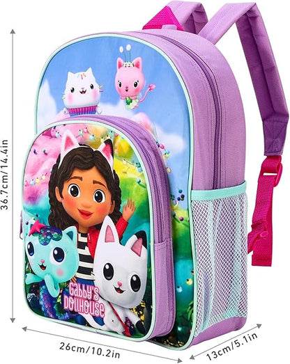 Gabby's Dollhouse Mochila infantil premium para escola, viagem e para meninos e meninas, com bolso lateral em tela e bolso frontal com zíper.