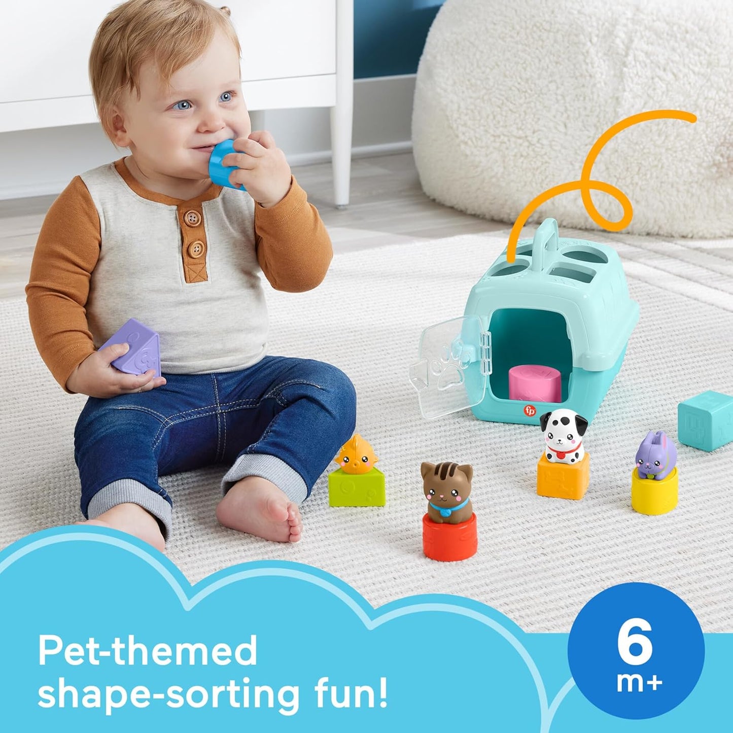Brinquedo Fisher-Price Baby para Classificação de Formas, Caixa de Transporte e Classificação de Animais FP Pets com Atividades de Coordenação Motora Fina para Bebês a partir de 6 Meses HTW93, Cor Pastel