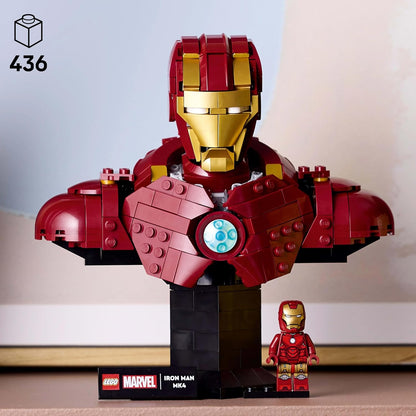 LEGO Marvel Iron Man MK4 Busto - Conjunto de construção de modelo de exibição para adultos, incluindo uma minifigura de Tony Stark, além de canhões de ombro e uma cabeça giratória - Presente colecionável dos Vingadores para fãs - 76327