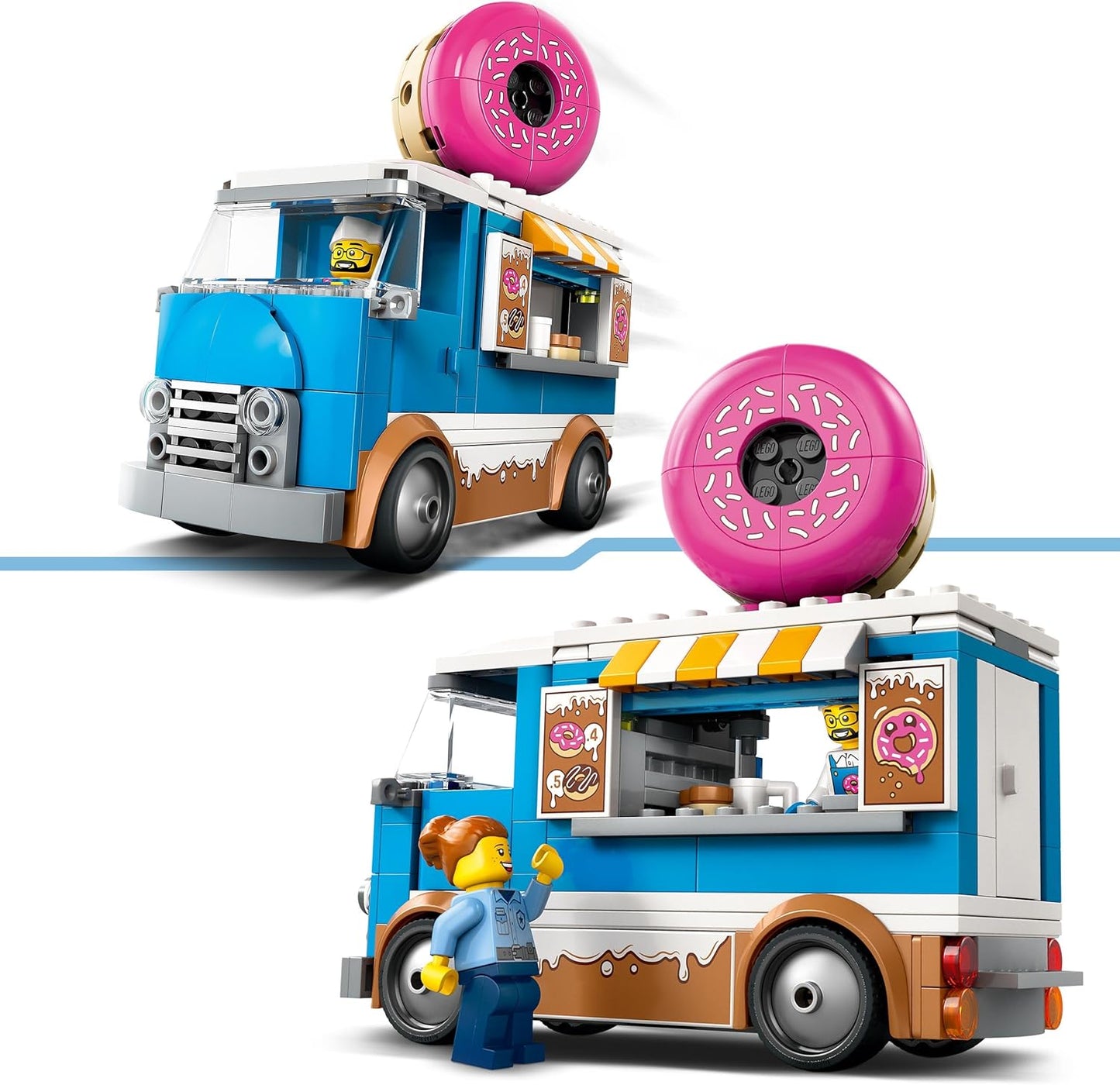 LEGO Brinquedo de caminhão Donut City com 2 minifiguras - Brinquedos de construção criativos para meninos e meninas com mais de 5 anos - Barraca móvel de comida com acessórios - Ideias divertidas de presentes para aniversários