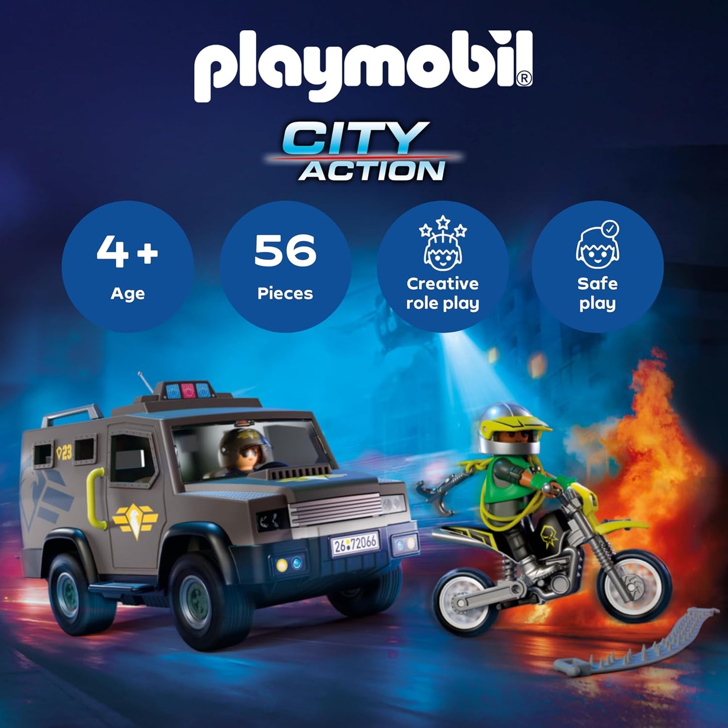 Playmobil Veículo da SWAT City Action, com Policial, Motocicleta do Criminoso e Faixa de Pregos, Brinquedo Infantil para Maiores de 4 Anos, 72066