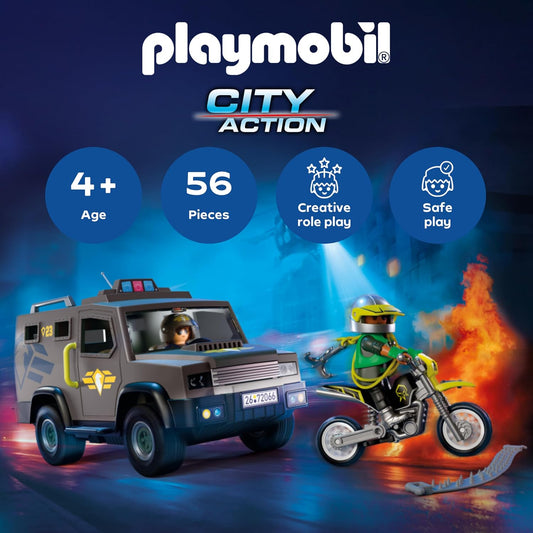 Playmobil Veículo da SWAT City Action, com Policial, Motocicleta do Criminoso e Faixa de Pregos, Brinquedo Infantil para Maiores de 4 Anos, 72066