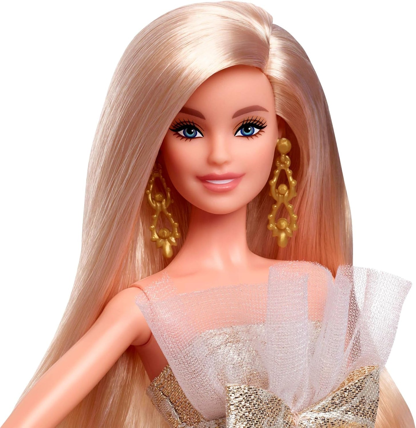 Barbie Signature, Barbie Loira de Natal 2025, Vestindo Vestido Prateado e Dourado, Colecionável Sazonal em Embalagem e Suporte para Exibição, JBJ00