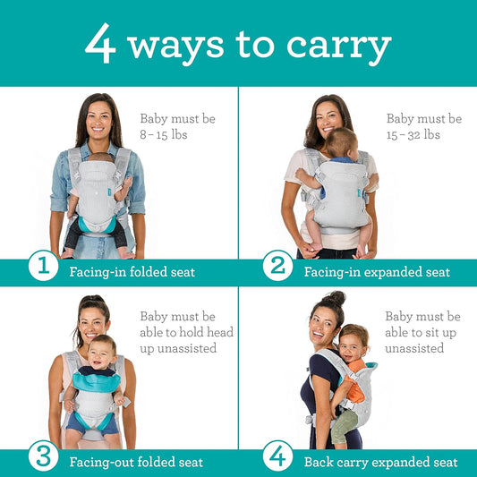 Infantino Canguru Flip 4 em 1 Leve e Arejado - Respirável, com Suporte Lombar, Cinto de Cintura Ajustável, Apoio de Cabeça, Assento Ergonômico e Alças Macias para Bebês de 3,6 a 14,5 kg