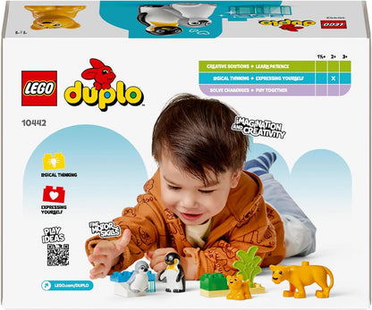 LEGO DUPLO Famílias de animais selvagens Brinquedo Montessori educacional de pinguins e leões para meninas e meninos de 2 anos ou mais, conjunto de construção Sparks