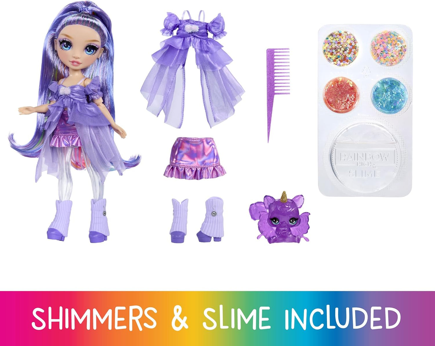 Boneca Fashion Rainbow High Rainbow Shimmers com Slime - Violeta, Roxa - 28cm, Acompanha Kit de Slime e Esquilo de Estimação, Indicada para Crianças a partir de 4 Anos