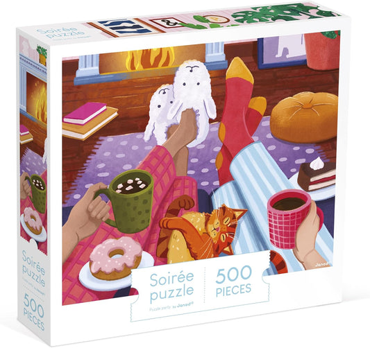 Janod - Quebra-cabeça 500 peças Adultos Adolescentes Crianças - Noite da Lareira - Desenvolve paciência e destreza - Fabricação europeia, Tintas vegetais e certificação FSC - A partir de 8 anos - J02495