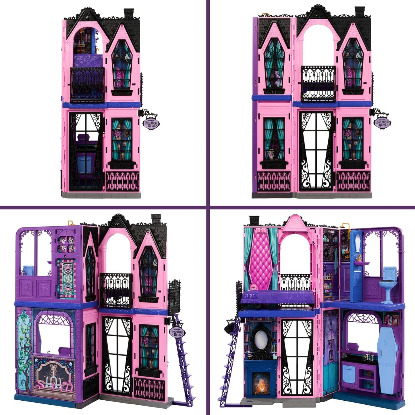Monster High Casa de bonecas Boo-tique Hotel, conjunto dobrável com surpresas assustadoras em todos os cômodos e mais de 13 peças, incluindo móveis e acessórios, JBF16