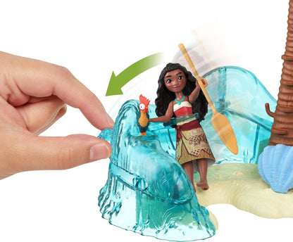 Mattel Brinquedos Disney Moana 2: Conjunto Aventura na Ilha da Moana com bonecas pequenas da Moana e da Simea, 2 personagens amigos, 5 áreas de brincar e 8 acessórios (JFF12)
