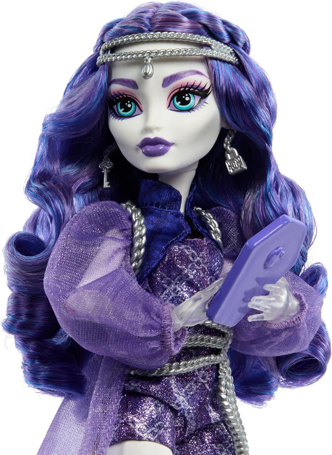 Monster High Boneca Spectra Vondergeist com seu furão de estimação Rhuen e acessórios como mochila, tablet, lanches e muito mais, HXH77