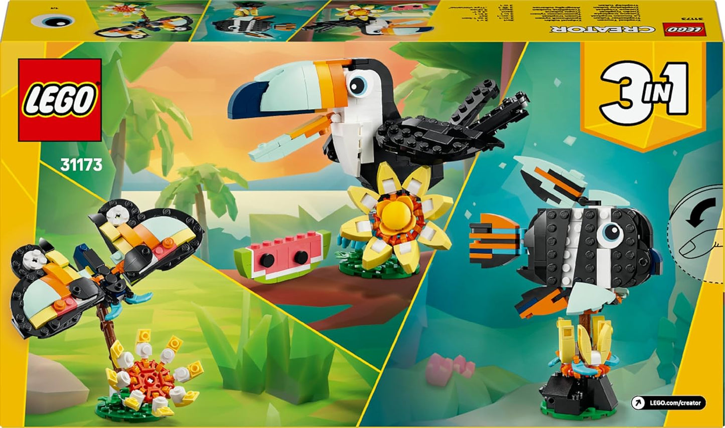 LEGO Creator 3 em 1 Animais Selvagens: Tucano Tropical com Flor - Animal de Brinquedo que se Transforma em uma Borboleta ou um Peixe Tropical - Presente Criativo para Meninas e Meninos a partir de 7 Anos - 31173