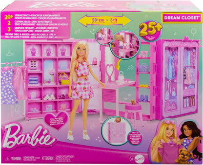 Barbie Conjunto de brinquedos Dream Closet com boneca loira, roupas e acessórios, 90 cm de largura com mais de 25 peças, 3 looks completos, HXD58