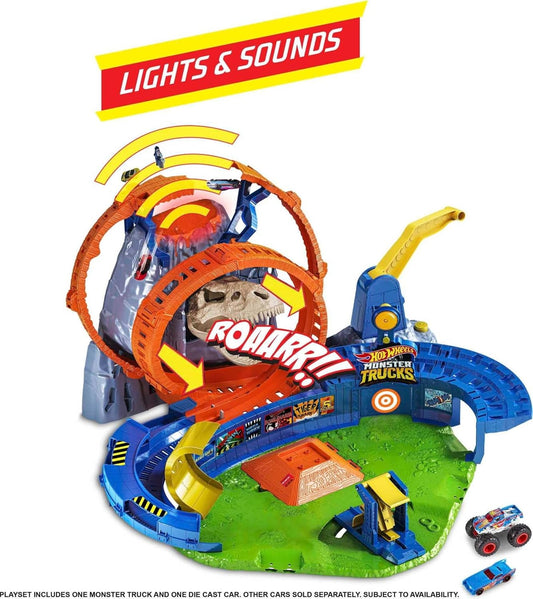Hot Wheels Monster Trucks, Conjunto Vulcão T-Rex com Luzes e Sons, Inclui Caminhão Monstro Race Ace em Escala 1:64 e Carrinho de Brinquedo Die-Cast em Escala 1:64, GYL14