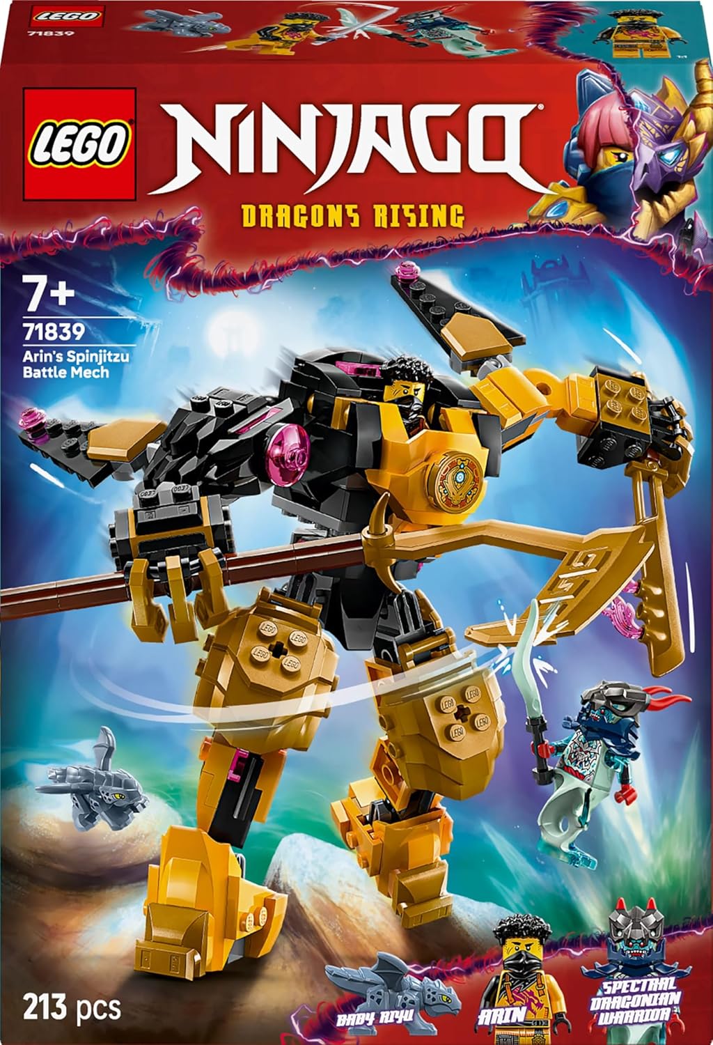 LEGO NINJAGO Arin's Spinjitzu Battle Mech Toy - Figura articulada para misturar e combinar, Bebê Dragão Riyu e 2 minifiguras ninja - Presente para meninos com mais de 7 anos e fãs de Dragons Rising - 71839
