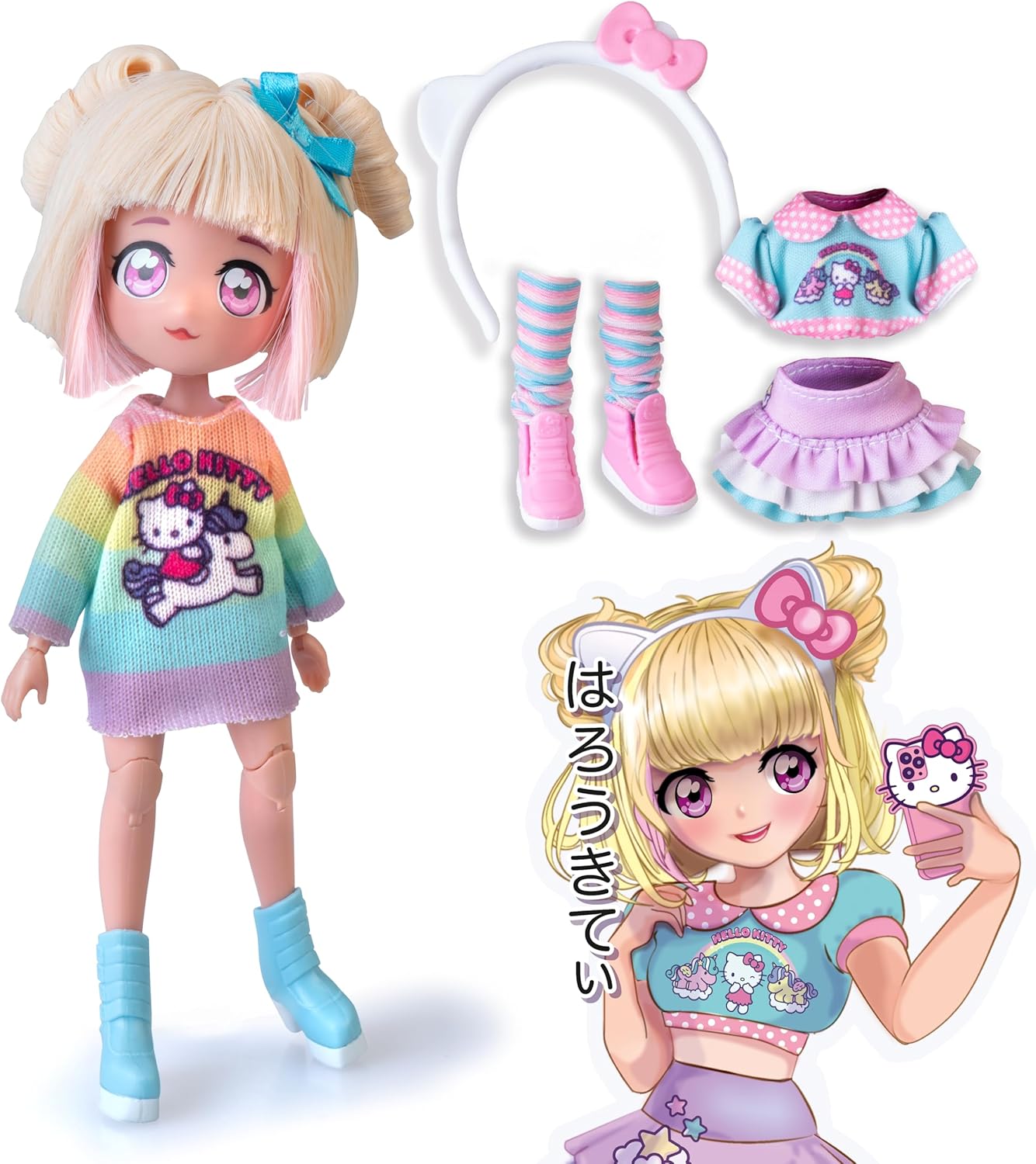 Hello Kitty 4SF Famosa Manga Fashion Unicorns, Boneca Fashion Japonesa, Figura de 19,5 cm com 15 Pontos de Articulação, Inclui Saia Ra-Ra, Polainas e Tiara com Orelhas, (HKTF2000)