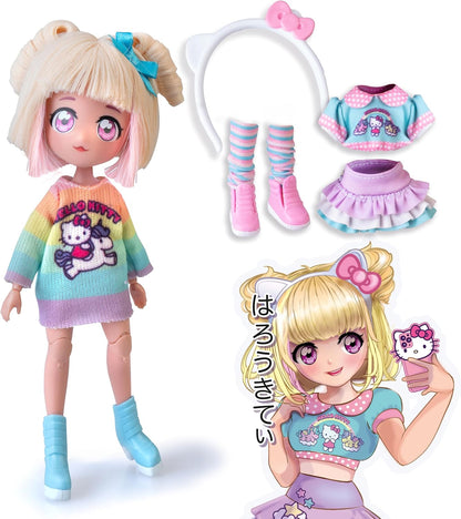 Hello Kitty 4SF Famosa Manga Fashion Unicorns, Boneca Fashion Japonesa, Figura de 19,5 cm com 15 Pontos de Articulação, Inclui Saia Ra-Ra, Polainas e Tiara com Orelhas, (HKTF2000)