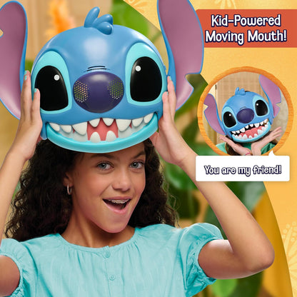 Just Play Máscara Falante do Stitch da Disney da com mais de 25 sons e frases, alças ajustáveis, fantasia infantil, brinquedo para brincar de se vestir e de faz-de-conta para meninas, meninos e crianças a partir de 3 anos.