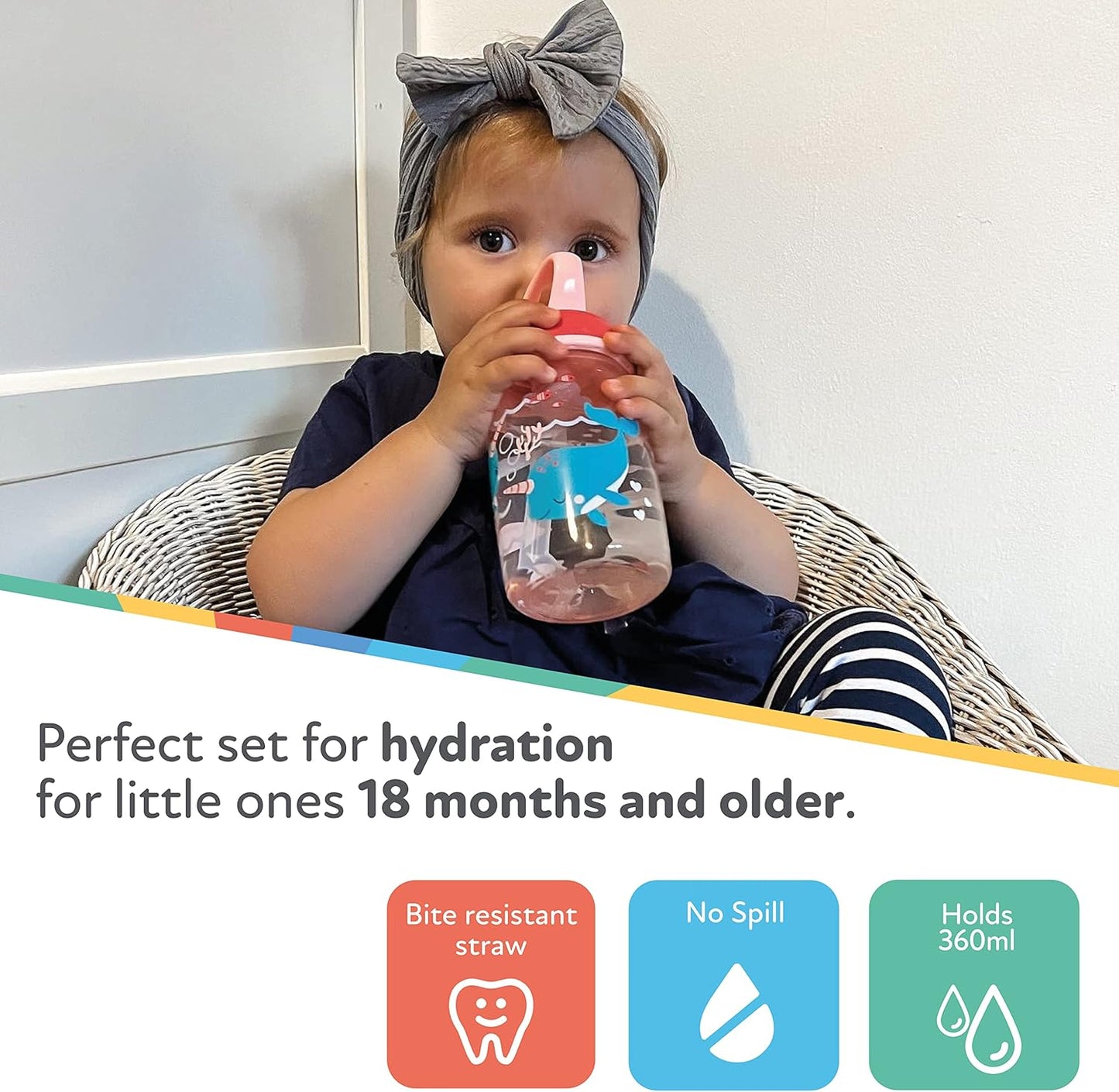 Nuby  Garrafa de água Mighty Swig - Copo com canudinho antiderramamento para crianças pequenas | 360 ml / 12 oz | Alça de transporte | Pode ir à máquina de lavar louça e ao micro-ondas | Copo adequado para crianças de 18 meses ou mais