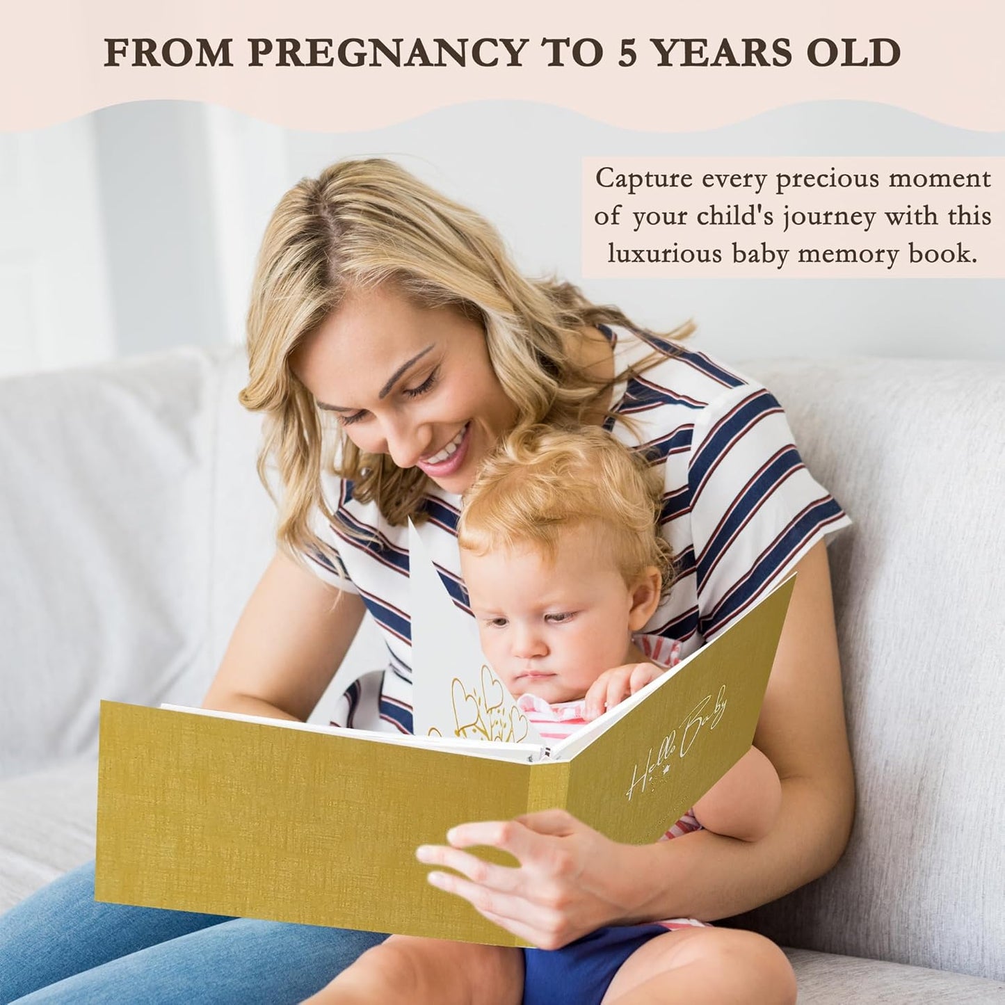 Livro de memórias LOVE ON para bebês com kit de mãos e pés sem tinta grátis - Diário dos primeiros 5 anos para bebês com capa elegante de linho e folha de ouro em relevo - Inclusivo para todos os tipos de família (estrelas)