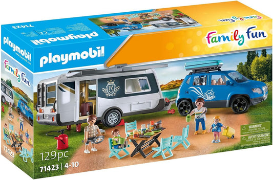 Playmobil 71423 Divertida caravana familiar con coche, juguete de exterior y juego de rol imaginativo, conjuntos aptos para niños a partir de 4 años