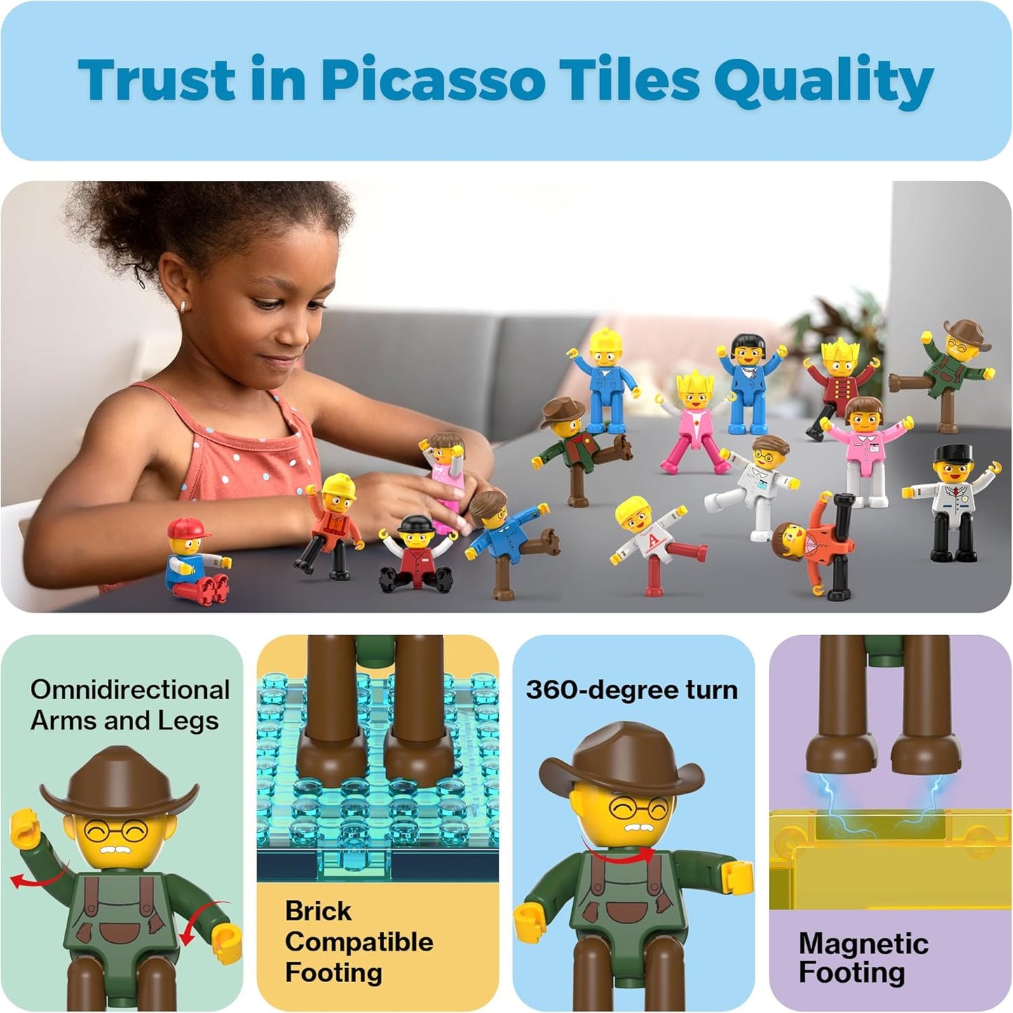 PicassoTiles Conjunto de Brinquedo Infantil com 16 Figuras de Ação de Personagens, Pacote de Expansão, Blocos de Construção Magnéticos, Brinquedo STEM para Brincar de Faz de Conta, Peças de Montar PTA08